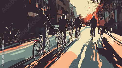 Group of Friends Riding Bicycles in a Pedestrian Zone.eps
