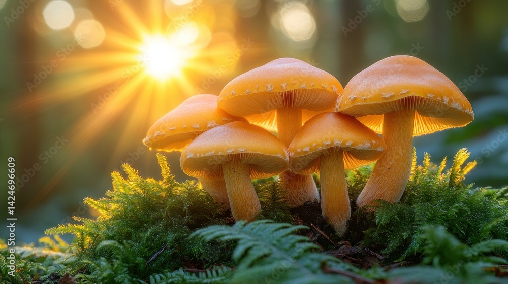 Golden mushrooms in forest