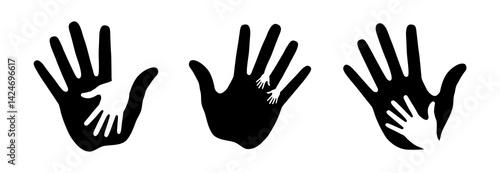 Caring Hand Icon Set. Vector Logo. Care Hand print. Help Child Hand. Charity Emblem. Volunteer icon. Health Logo