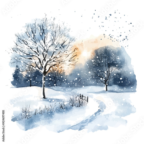 Snow falling gently on a quiet winter evening, watercolor illustration, isolated on a white background.

