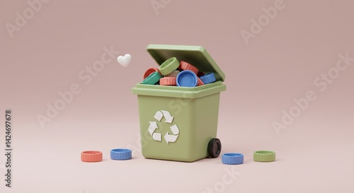 Charming 3D Render of Cute Kawaii Recycling Bin Overflowing with Pastel Plastic Bottle Caps in Children's Book Style