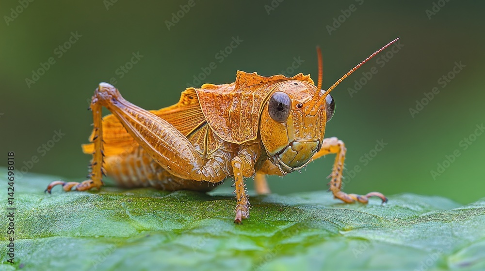 Fototapeta premium Close-up of an orange grasshopper on a leaf