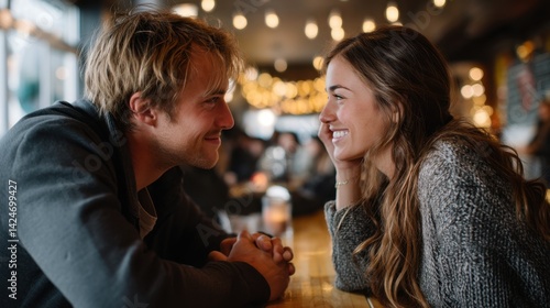 Young Couple Sharing an Intimate Moment and Smiling at Each Other in a Cozy Cafe Setting