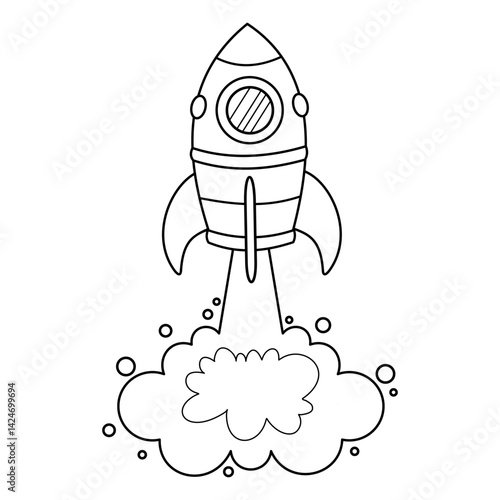 Outline cartoon space rocket launch. Spacecraft takes off. Baby contour vector illustration of space ship taking off. Isolated black and white spaceship on white background. Clipart on a cosmos theme.