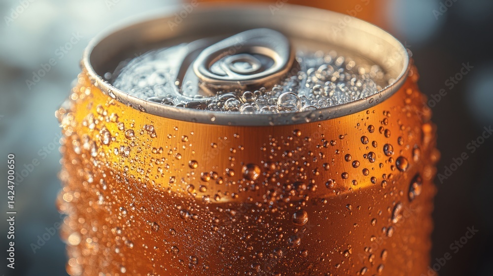 A macro shot of a freshly opened soda can with bubbles forming on the surface A macro shot of a freshly opened soda can with bubbles forming on the surface