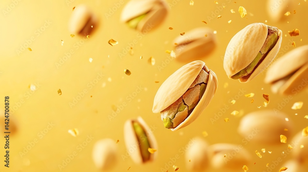 Delicious Roasted Pistachios Falling Golden Background High Resolution Food Photography Nutritious Snack Healthy Eating Perfect for Packaging Design Vibrant Green Kernels Creamy Texture Exceptional Delicious Roasted Pistachios Falling Golden Background High Resolution Food Photography Nutritious Snack Healthy Eating Perfect for Packaging Design Vibrant Green Kernels Creamy Texture Exceptional