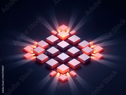 A captivating display of illuminated geometric shapes in a symmetric arrangement, featuring soft orange glows against a dark background, creating a dynamic, modern visual contrast.