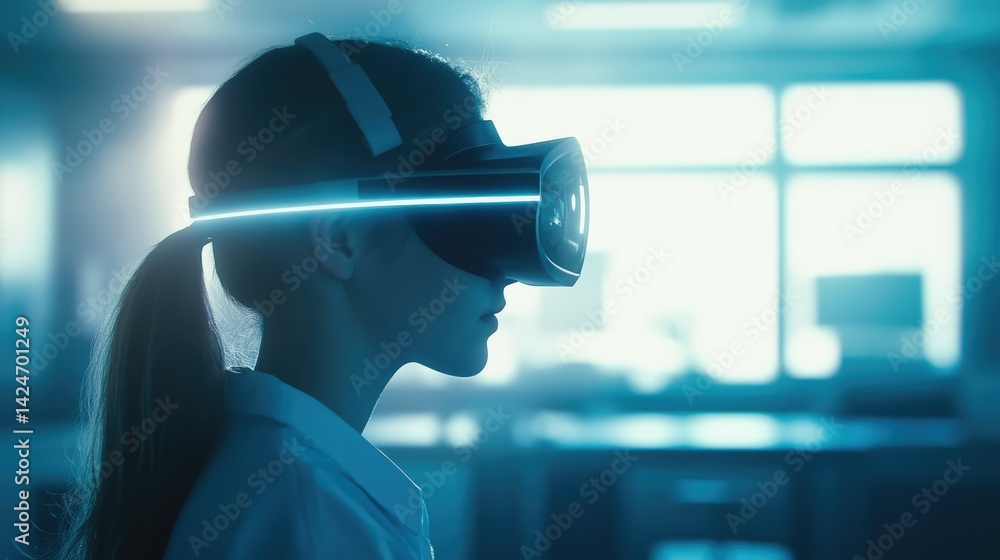 Young woman immersed in virtual reality, experiencing innovative technology in a modern setting. Young woman immersed in virtual reality, experiencing innovative technology in a modern setting.