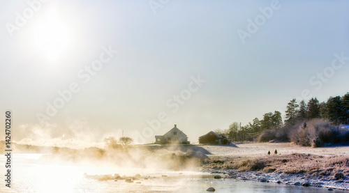 A Cold Winter Day with Frost Smoke at Aarefjorden in Moss, Norway