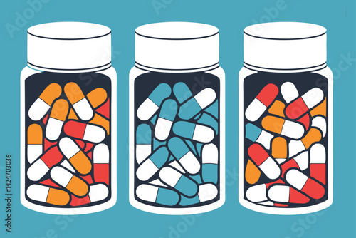 Hyper realistic photo, , colorful pills and capsules, white lids, pharmaceutical, medication, vitamins, supplements 