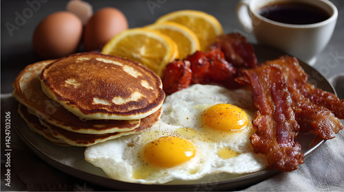 A delicious breakfast of pancakes, eggs, bacon, sausage, orange slices, coffee, and eggs with cracked egg shells on the counter.