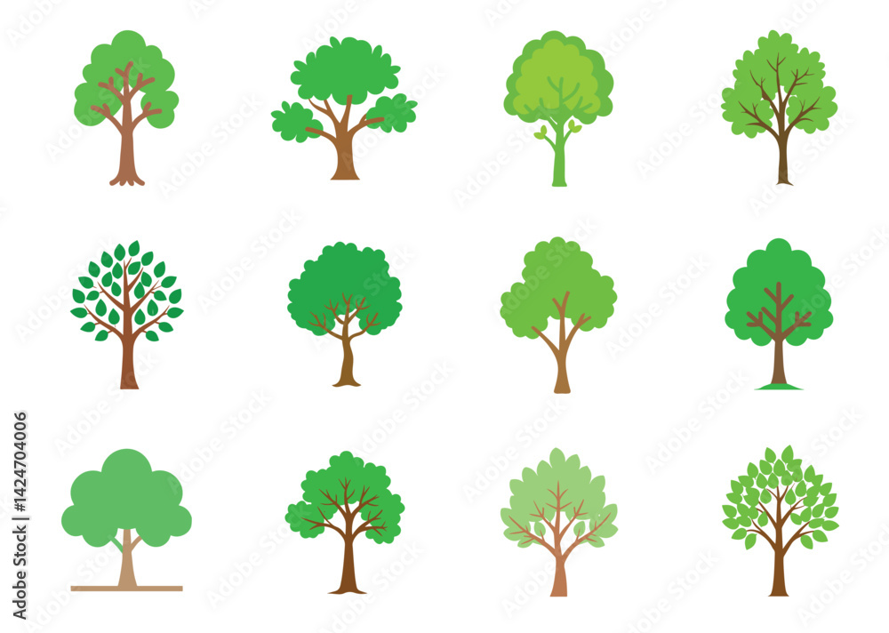 Fototapeta premium Tree flat icon Set with green leaves Design, Tree silhouette Vector Set