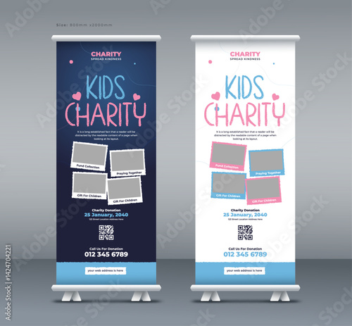 Donation kids charity roll up banner | Fundraising event, Nonprofit campaign roll up banner | Humanitarian aid community pull up banner, or x banner print template