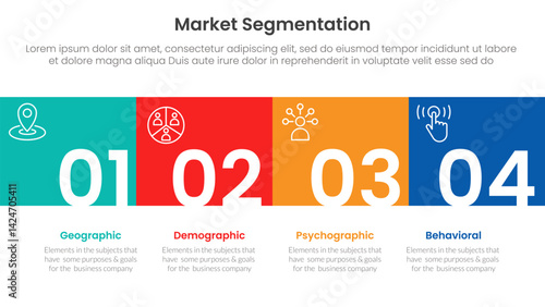 market segmentation framework analysis infographic 4 point stage template with square box full width horizontal and title badge for slide presentation