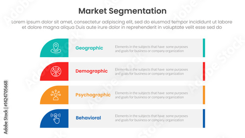 market segmentation framework analysis infographic 4 point stage template with long rectangle box vertical stack for slide presentation