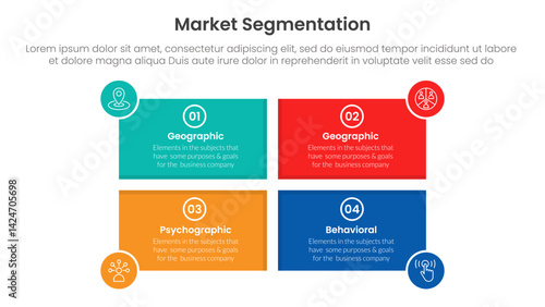 market segmentation framework analysis infographic 4 point stage template with rectangle shape and circle badge on edge for slide presentation