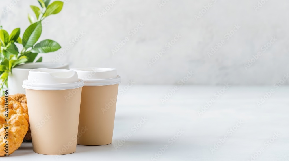 Two disposable coffee cups with lids on a light surface with green plants in the background, minimalist composition, soft lighting, and morning routine concept. Two disposable coffee cups with lids on a light surface with green plants in the background, minimalist composition, soft lighting, and morning routine concept.