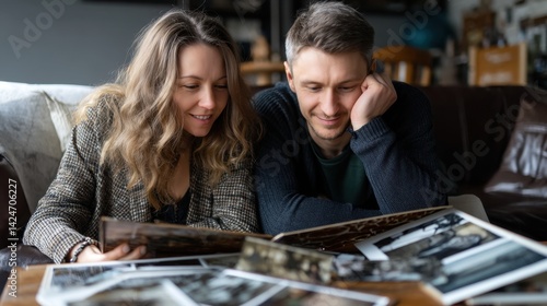Young Couple Looking at Photographs and Memories Together on Couch in Cozy Home