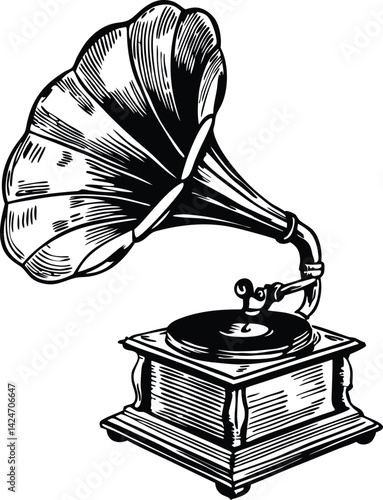 Classic gramophone sketch with horn speaker, ideal for vintage music and retro themes