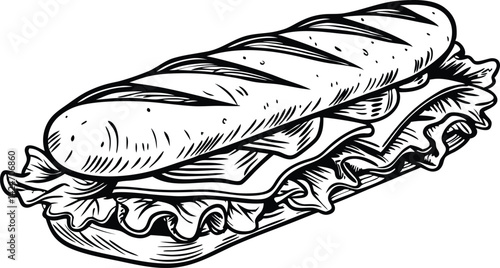 Freshly made submarine sandwich drawing ideal for food, deli, and restaurant promotion