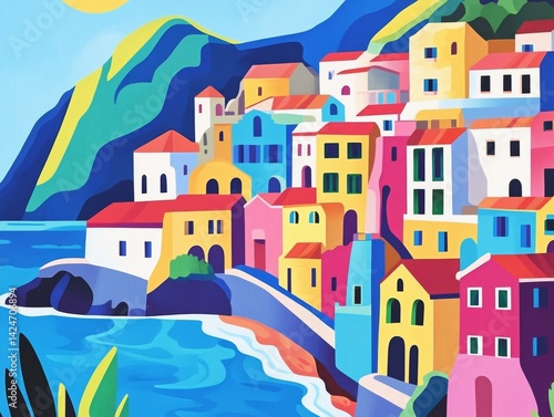 Modern Abstract Illustration of Amalfi Coast with Bold Colorful Houses and Seaside Italian Scenery