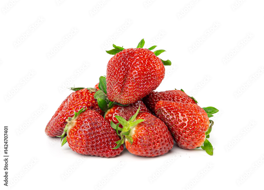 Fresh strawberry isolated, whole ripe straw berry, red juicy imperfect strawberri with green leaves Fresh strawberry isolated, whole ripe straw berry, red juicy imperfect strawberri with green leaves