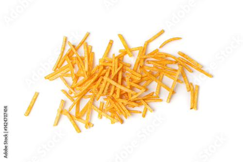 Obraz na plátne Fried chips sticks isolated, finger potato chips, golden shoestring fries pile,