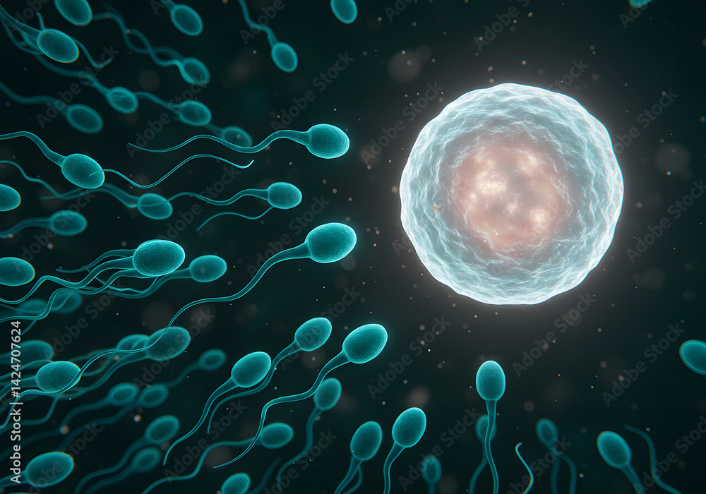 Naklejka premium Sperm Cells Swimming Towards Egg Cell Conception, Fertilization, Reproduction, Human Biology, Medical, Healthcare Concept.