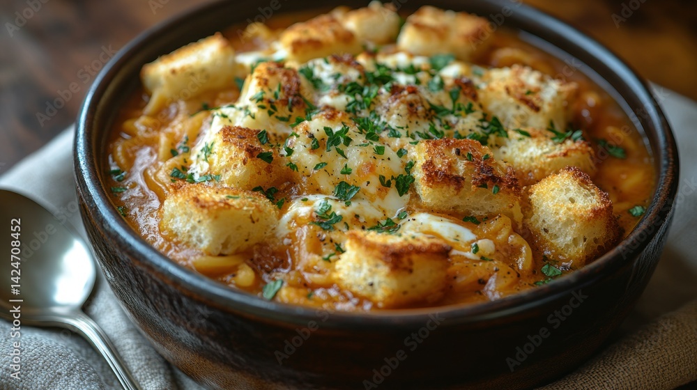 Hearty tomato soup with croutons and cheese Hearty tomato soup with croutons and cheese