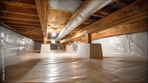 Fototapeta Naklejka Na Ścianę i Meble -  View of a crawl space with white plastic lining the ground and walls and wooden beams overhead inside