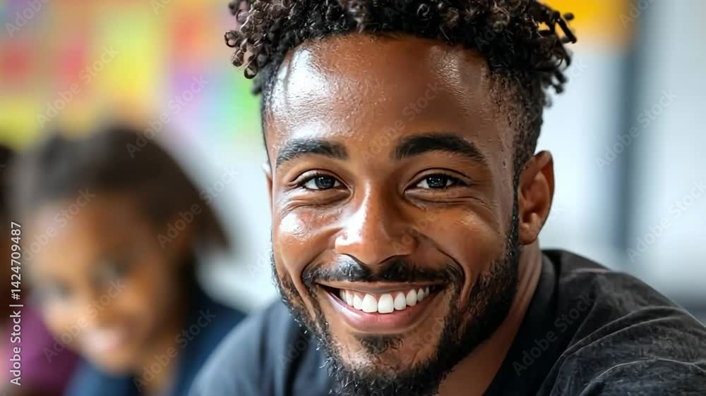 Genuine Smile: A captivating portrait of a man, bathed in soft, natural light, exudes warmth through a genuine smile and a direct, engaging gaze. Genuine Smile: A captivating portrait of a man, bathed in soft, natural light, exudes warmth through a genuine smile and a direct, engaging gaze.