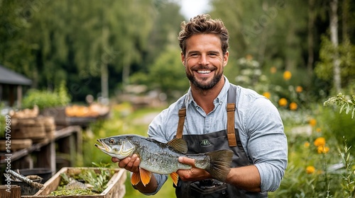 Smiling farmer holds fresh fish outdoors