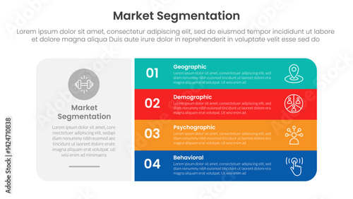 market segmentation framework analysis infographic 4 point stage template with big round box and vertical stack point for slide presentation