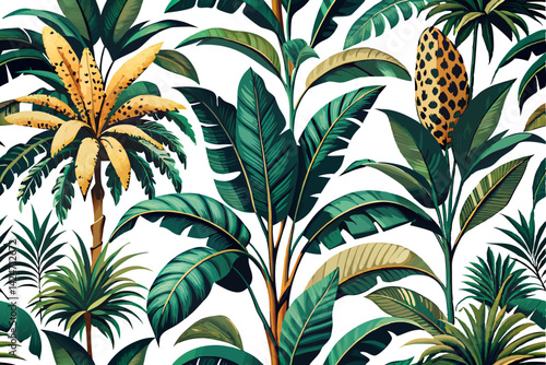 Tropical vintage botanical banana tree, leopard floral green palm leaves isolated on Transparent background. 