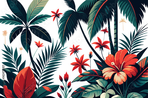 Tropical vintage palm trees, red hibiscus and banana leaves floral print isolated on Transparent background. 