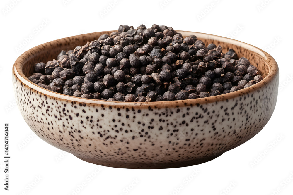Closeup of dark brown seeds in a speckled bowl Closeup of dark brown seeds in a speckled bowl