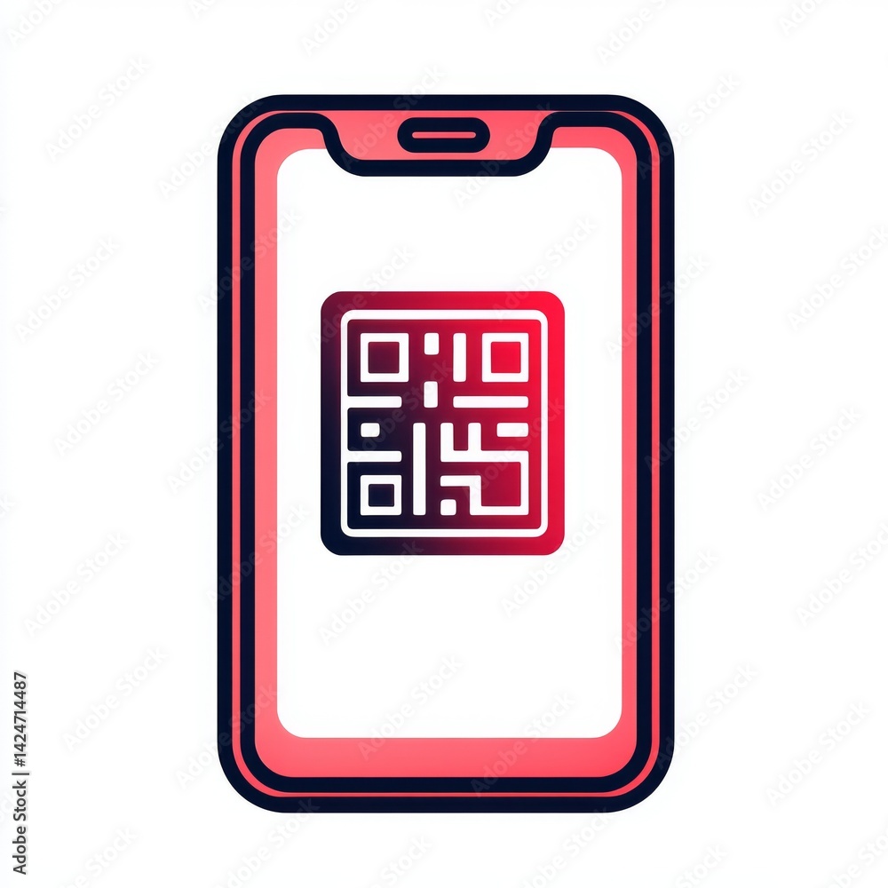 The design features an abstract smartphone with a QR code displayed on a red background The design features an abstract smartphone with a QR code displayed on a red background