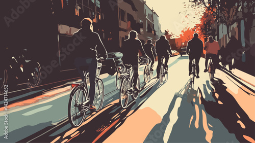 Group of Friends Riding Bicycles in a Pedestrian Zone