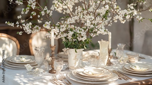 A beautifully set table, adorned with plates, silverware, and blossoming branches.
 