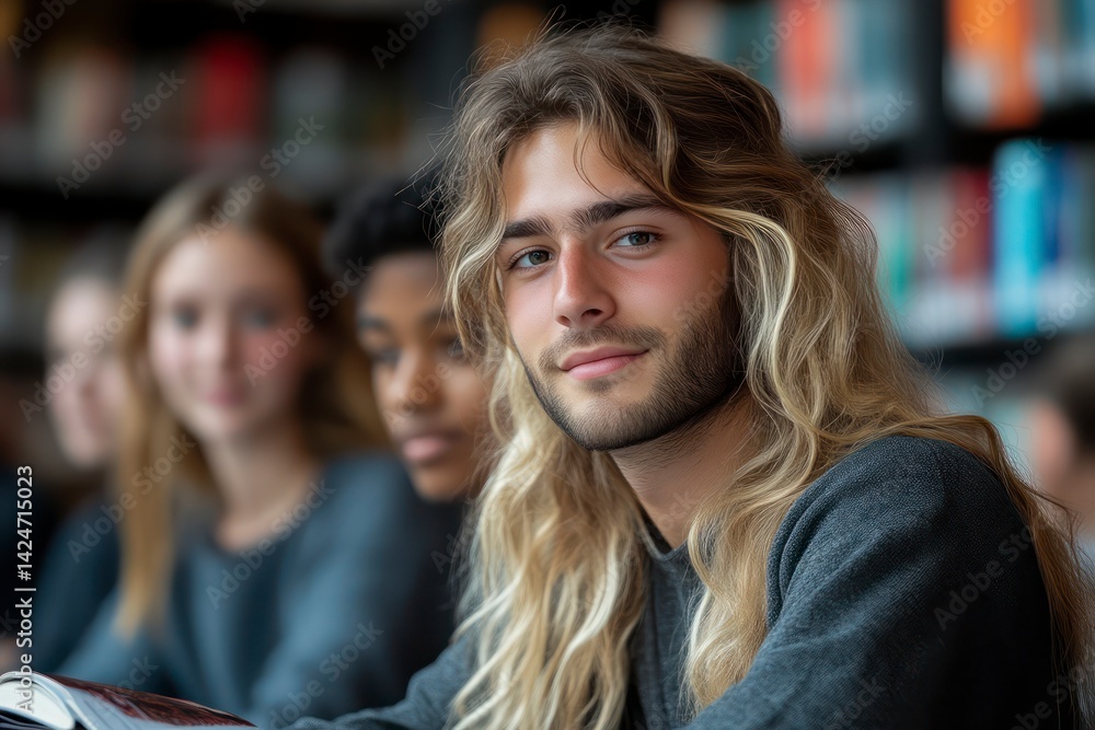 Focused Student in a Classroom Setting with Long Hair and Concentrated Expression Focused Student in a Classroom Setting with Long Hair and Concentrated Expression