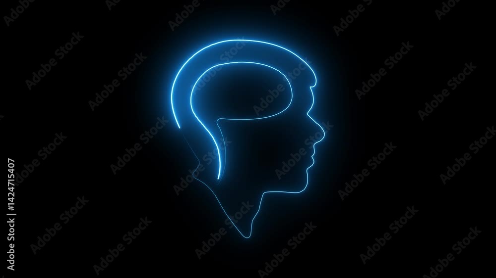 Glowing neon brain-on-head icon isolated on black background. HD Video motion graphic animation Glowing neon brain-on-head icon isolated on black background. HD Video motion graphic animation