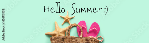 Quadro su tela Wicker female bag with flip-flops and starfishes on color background