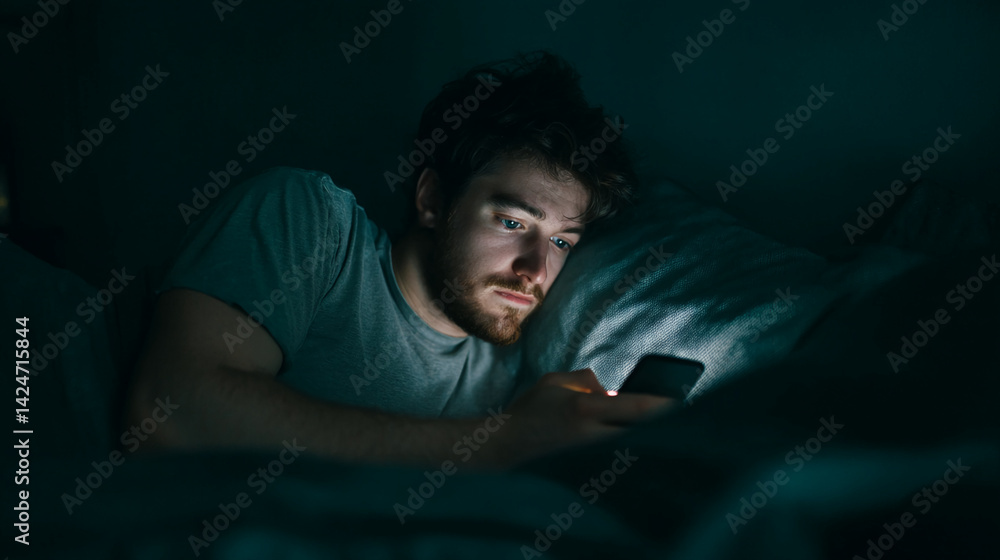 Fototapeta premium Man in bed at night using smartphone, dimly lit scene, conveying loneliness or late-night phone use habits