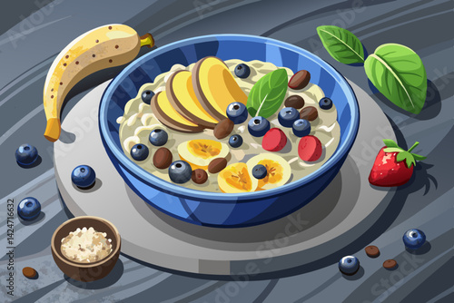 vector of Breakfast oatmeal porridge with bananas, blueberries, chia seeds on a gray concrete background. View on the table of healthy food for weight loss, clean eating, vegan and vegetarian...