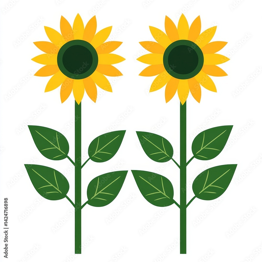 Fototapeta premium The image features two green sunflowers with leaves placed on a white backdrop