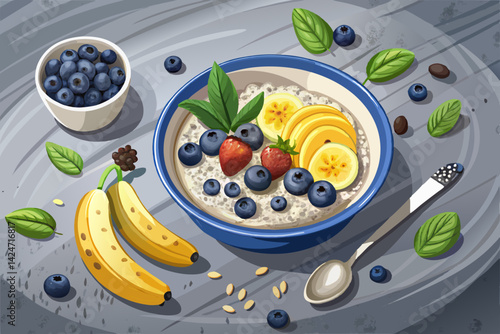 vector of Breakfast oatmeal porridge with bananas, blueberries, chia seeds on a gray concrete background. View on the table of healthy food for weight loss, clean eating, vegan and vegetarian...