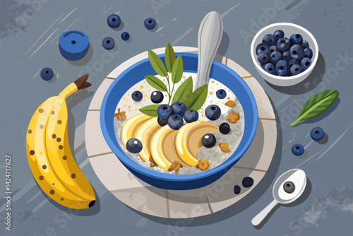 vector of Breakfast oatmeal porridge with bananas, blueberries, chia seeds on a gray concrete background. View on the table of healthy food for weight loss, clean eating, vegan and vegetarian...