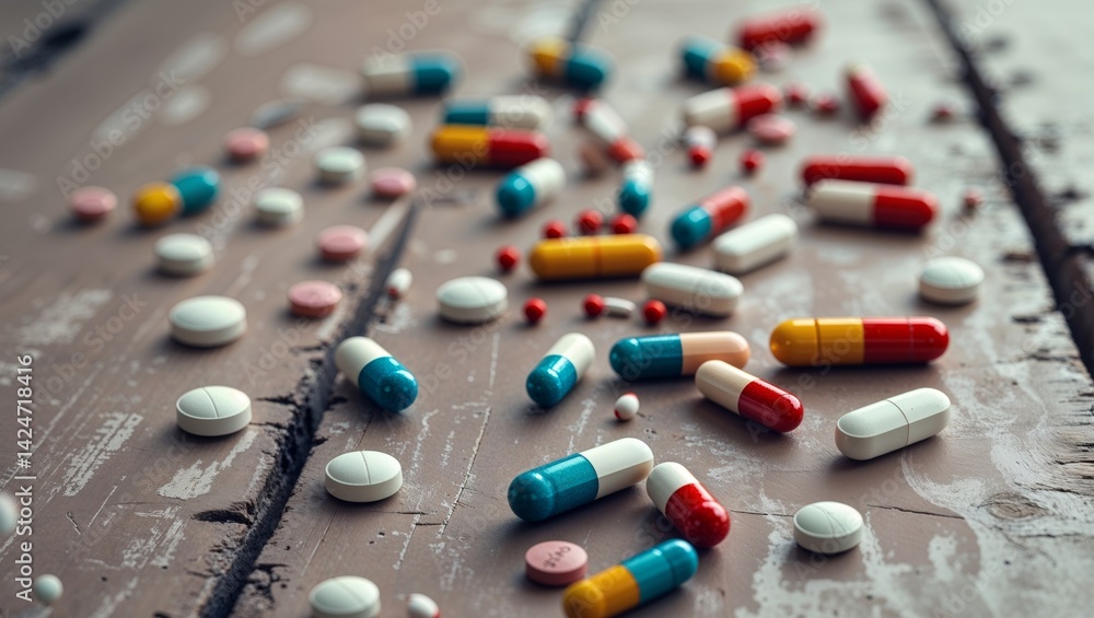Assorted Pills Scattered on a Wooden Tabletop Assorted Pills Scattered on a Wooden Tabletop