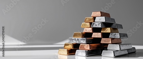 Stacked metal ingots of various precious and industrial metals.