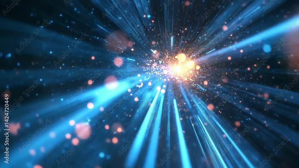Flying through glowing blue digital particles and light rays Flying through glowing blue digital particles and light rays